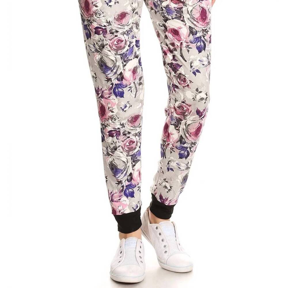 NEW LOVE IT grey floral jill jogger pants in white